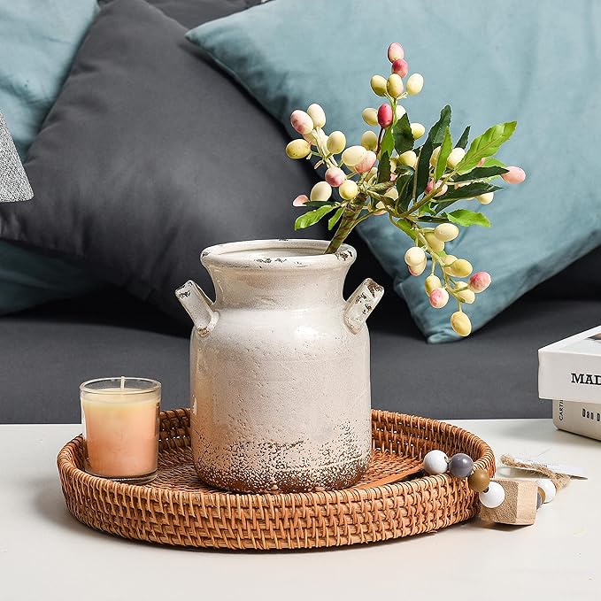 Quoowiit Ceramic Rustic Farmhouse Vase, Distressed Decorative Flower Vase for Home Decor, Ideal Shelf Decor, White Boho Vase for Living Room Bedroom Kitchen Office Decor Centerpiece Table Decorations