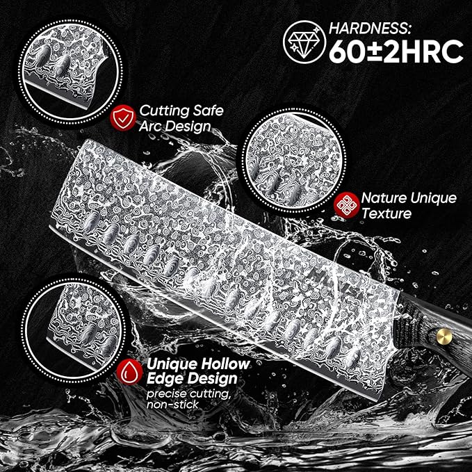 Huusk Damascus Nakiri Knife 7inch - Japanese Knives with Sharp Edge and Wooden Handle, Hand Forged Chef Knives for Home Use, Meat Vegetables Fish Knives, Birthday Dad Mom Gift