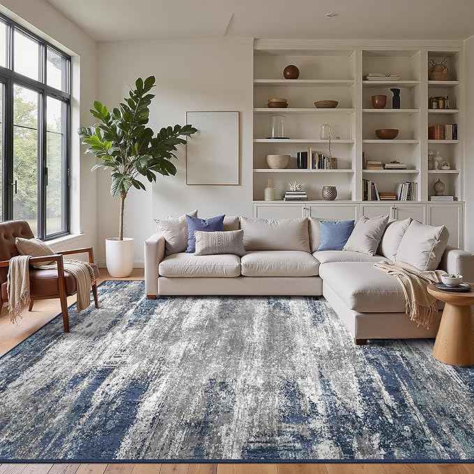 GENIMO 8x10 Area Rugs, Machine Washable Rugs for Living Room, Non Slip Indoor Modern Rug，Low Pile Lightweight Blue Print Carpet for Bedroom Dining Room Home Office, Blue Ivory
