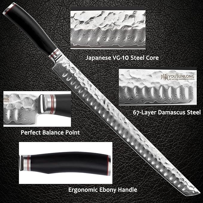 YOUSUNLONG Sakimaru Knife 15 inch(380mm) Ultimate Japanese Damascus Steel Fillet Knives Suitable for cutting tuna and salmon-Natural Ebony Handle With Leather Sheath