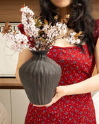 Black Ceramic Vase 7.95 Inch – Handmade with Hand-Painted Gold Detailing – Sculptural Art Decor for Modern Minimalist Home – Organic Tabletop Flower Vase for Living Room or Shelf