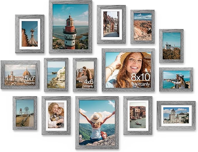 Vittanly 15 Pack Picture Frames Collage Wall Decor for Mounting or Tabletop Display, Gallery Frame Set for Family, Multi Sizes Including 3pcs 8x10, 6pcs 5x7, 6pcs 4x6, Grey