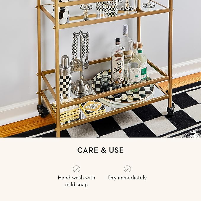 MACKENZIE-CHILDS Enamel Round Tray, Unique Serving Platter for Food and Drinks, Black-and-White Courtly Check