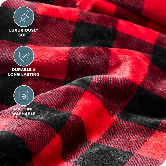 Bare Home Textured Fleece Blanket - Twin/Twin Extra Long - Ultra-Soft Lightweight for Bed, Sofa, and Couch - Luxury Microplush - Cozy Warm Blanket (Twin/Twin XL, Chester Buffalo Plaid - Red/Black)