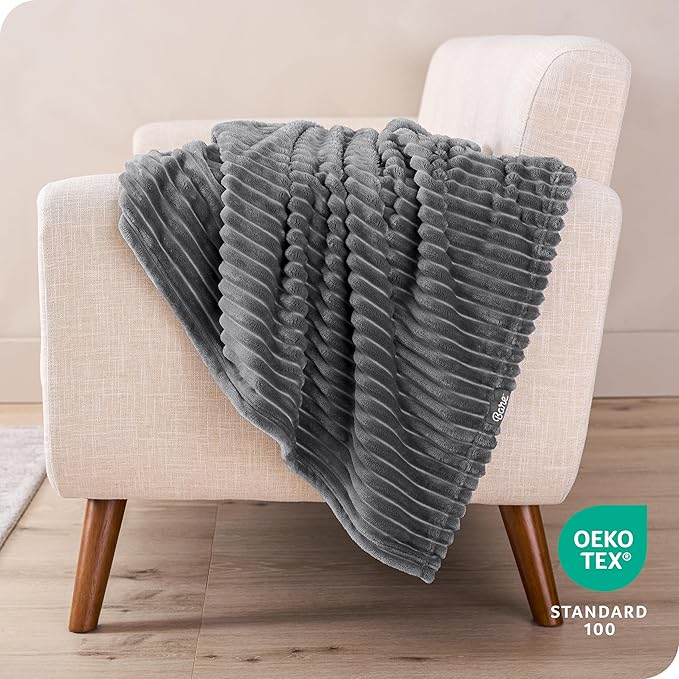 Bare Home Textured Fleece Blanket - Throw/Travel - Ultra-Soft Lightweight for Bed, Sofa, and Couch - Luxury Microplush - Cozy Warm Blanket (Throw, Ribbed Grey)