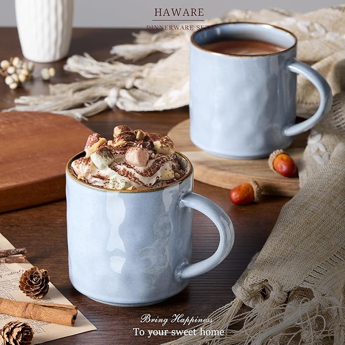 HaWare 14OZ Coffee Mugs Set of 4, Stoneware Coffee Cups with Handle, Latte Mug for Man, Woman, Dad, Mom, Modern Tea Mugs for Latte/Cappuccino/Cocoa/Milk, Dishwasher& Microwave Safe, Reactive Blue