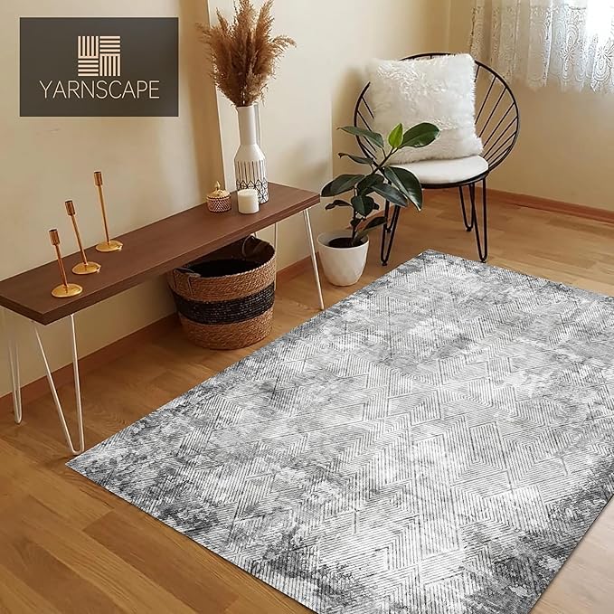 6' x 9' Washable Area Rug - Low Pile Soft Vintage Indoor Rug for Living, Dining or Bedroom - Lightweight Carpet with Non-Slip Backing - Foldable for Easy Placement, Grey