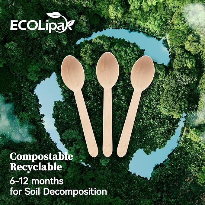 ECOLipak 300 Count Wooden Disposable Spoons, Compostable Wooden Spoons for Party, Camping, Traveling, Family Dinners