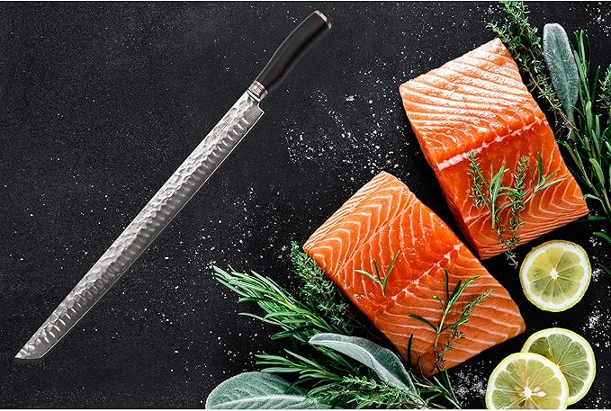 YOUSUNLONG Sakimaru Knife 15 inch(380mm) Ultimate Japanese Damascus Steel Fillet Knives Suitable for cutting tuna and salmon-Natural Ebony Handle With Leather Sheath