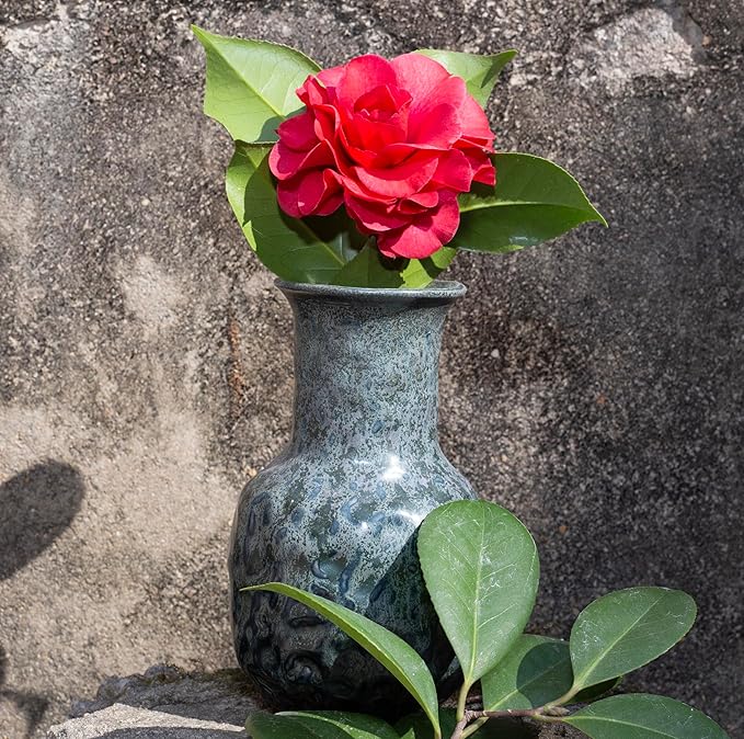 Rustic Pottery Ceramic Vase - Vintage Farmhouse Style Decor, White Grid Ceramic Vases for Home Decor, Modern Farmhouse Decor (Blue and green)