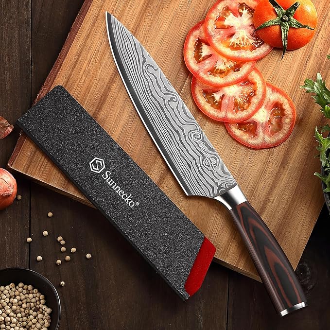 Sunnecko Chef Knife 8 inch,High Carbon Stainless Steel Kitchen Knife,Ultra Sharp Gyutou Cutting Knife with Sheath and Gift Box for Family & Restaurant