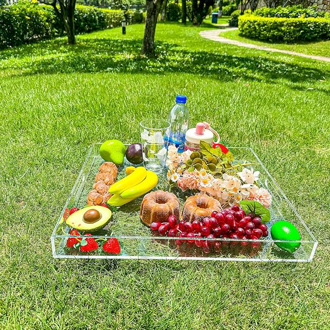 Clear Rectangular 18x20 Inches Acrylic Ottoman Tray Decorative Serving Tray with Cutout Handles Organizer Tray on Coffee Table Countertop Big Breakfast Bed Tray Living Room Appetizer Serving Food