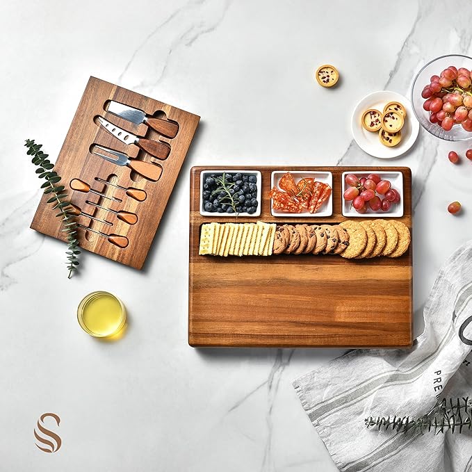 Shanik Large Acacia Wood Charcuterie Board Set – Includes 3 Removable Ceramic Bowls & Serving Utensils, Elegant Entertaining Gift for Any Occasion