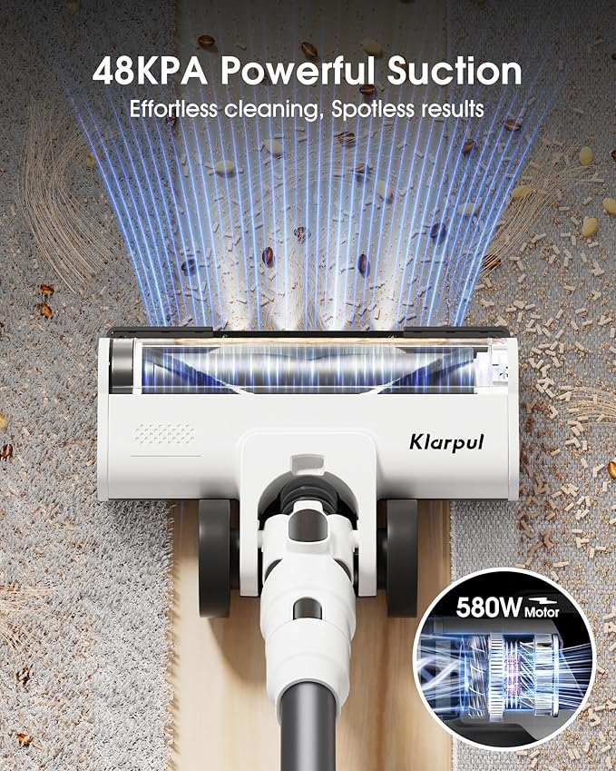 Cordless Vacuum Cleaner, 580W 48KPA 65Mins Runtime Fast Charging Vacuum Cleaner, Self-Standing LED Light Touch Screen Stick Vacuum for Home Light Weight,for Pet Hair/Carpet/Floor, White