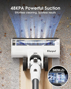 Cordless Vacuum Cleaner, 580W 48KPA 65Mins Runtime Fast Charging Vacuum Cleaner, Self-Standing LED Light Touch Screen Stick Vacuum for Home Light Weight,for Pet Hair/Carpet/Floor, White