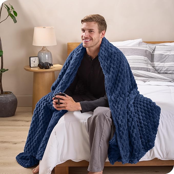 Bare Home Textured Fleece Blanket - Full/Queen - Ultra-Soft Lightweight for Bed, Sofa, and Couch - Luxury Microplush - Cozy Warm Blanket (Full/Queen, Waffle Dark Blue)