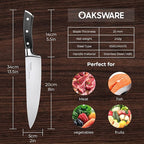 OAKSWARE Chef Knife, 8" Kitchen Knife for Cutting & Cooking, High Carbon German Steel Razor Sharp Knives, Professional Meat Knife with Full-Tang Handle