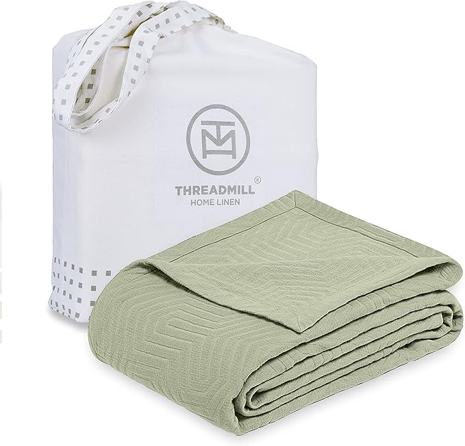 Threadmill Luxury Cotton Blankets for Twin Size Bed | All-Season 100% Cotton Twin Blanket for Bed | Aster Jacquard Lightweight, Soft & Cozy Coverlet, 350GSM, 68x90 inches | Sage Green