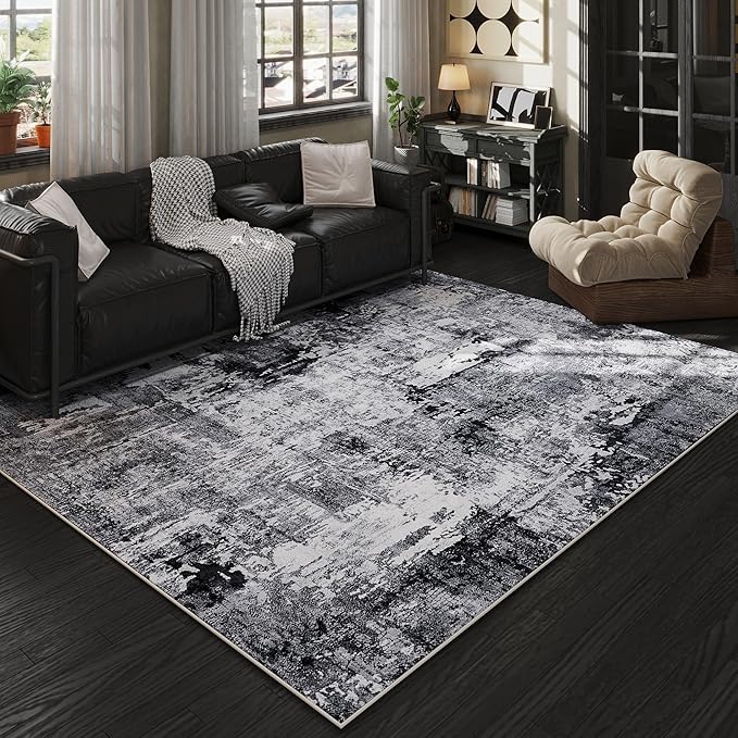 Rugcomf Area Rug 5x7 Washable Rug Boho Soft Abstract Pattern Non-Slip Faux Wool Vintage for Living Room, Bedroom, Farmhouse, Dining Room, Kids Playroom, Grey and Black