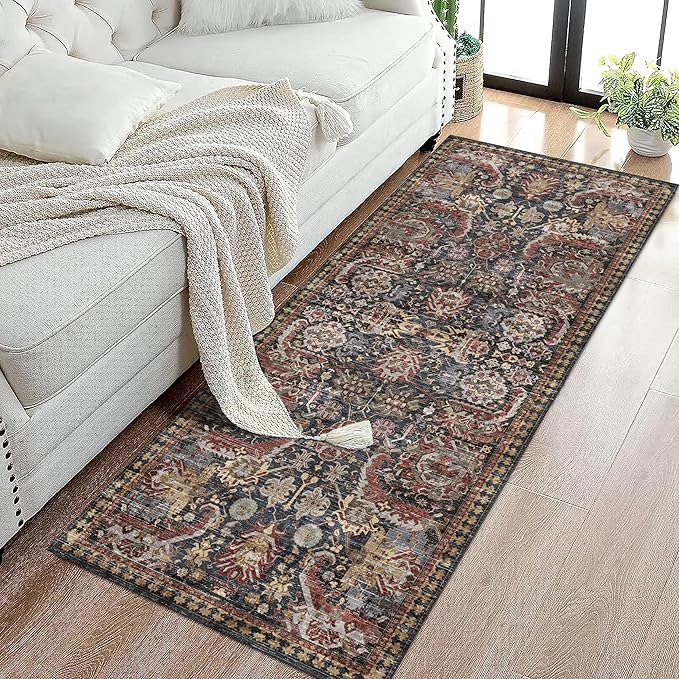 RUGSURE Washable Area Rugs - Perfect for Living Room, Bedroom, Kids Room, Nursery - Stain & Water Resistant Non-Slip, Pet & Child Friendly, Vintage Tribal Area Rugs (Rust, 2'6'' x 8')