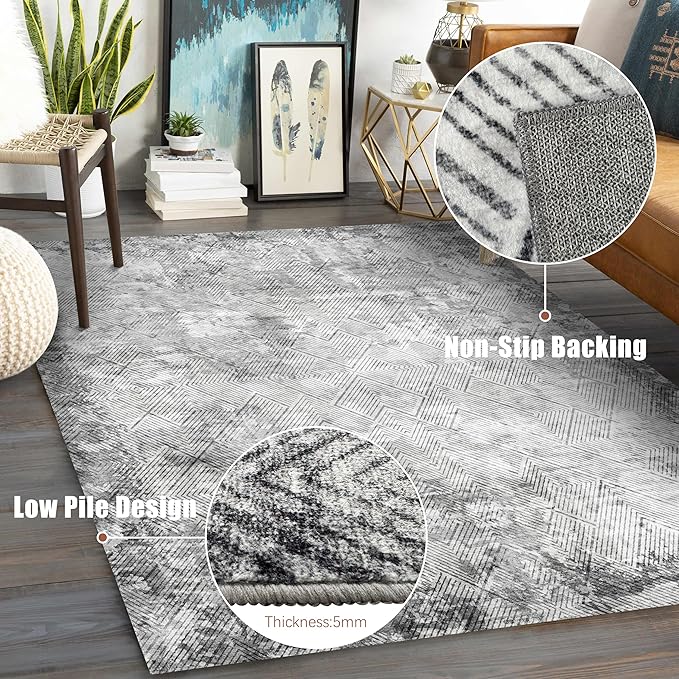 5' x 7' Washable Area Rug - Low Pile Soft Vintage Indoor Rug for Living, Dining or Bedroom - Lightweight Carpet with Non-Slip Backing - Foldable for Easy Placement, Grey
