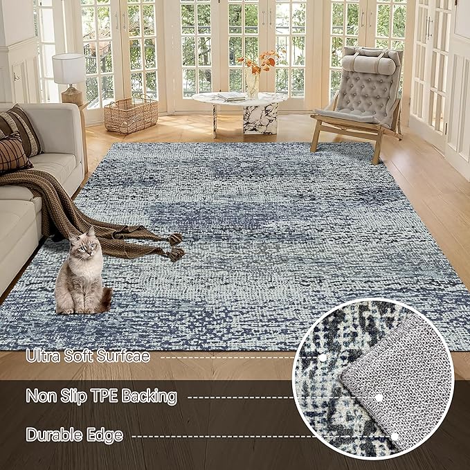 Washable Area Rug - 1/6" Thick Low-Pile - Stain & Water Resistant Non-Slip Backing - Pet & Child Friendly Vintage Speckled Design in Grey with Light Teal & White Accents (8' x 10')
