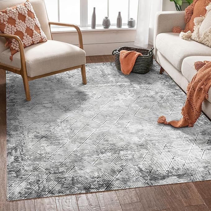 3' x 5 ' Washable Area Rug - Low Pile Soft Vintage Indoor Rug for Living, Dining or Bedroom - Lightweight Carpet with Non-Slip Backing - Foldable for Easy Placement, Grey