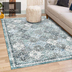 8' x 10' Washable Area Rug - Low Pile Soft Vintage Indoor Rug for Living, Dining or Bedroom - Lightweight Carpet with Non-Slip Backing - Foldable for Easy Placement, Ocean Blue