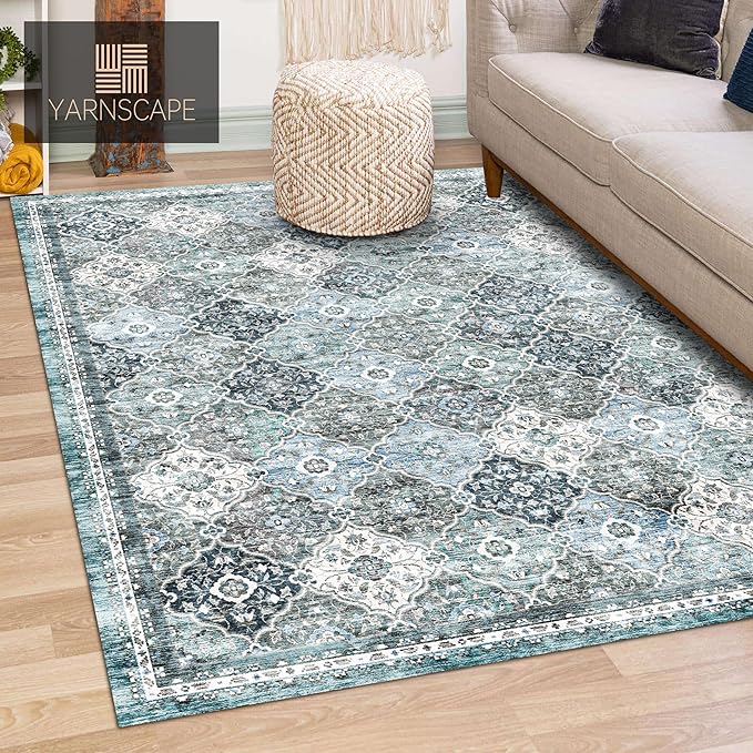 6' x 9' Washable Area Rug - Low Pile Soft Vintage Indoor Rug for Living, Dining or Bedroom - Lightweight Carpet with Non-Slip Backing - Foldable for Easy Placement, Ocean Blue