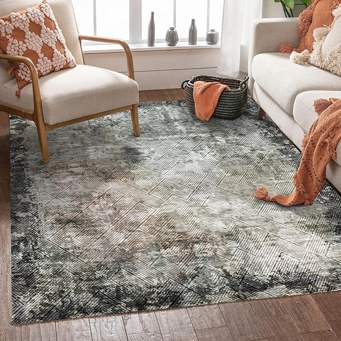 6' x 9' Washable Area Rug - Low Pile Soft Vintage Indoor Rug for Living, Dining or Bedroom - Lightweight Carpet with Non-Slip Backing - Foldable for Easy Placement, Blackish
