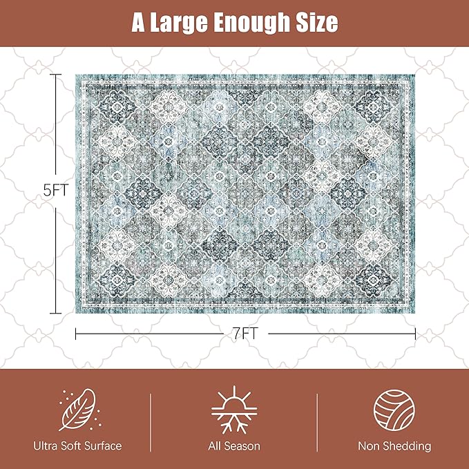 8' x 10' Washable Area Rug - Low Pile Soft Vintage Indoor Rug for Living, Dining or Bedroom - Lightweight Carpet with Non-Slip Backing - Foldable for Easy Placement, Ocean Blue