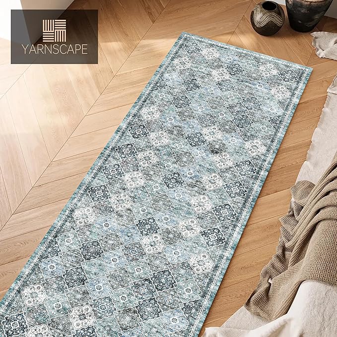 2'6'' x 8' Washable Area Rug - Low Pile Soft Vintage Indoor Rug for Living, Dining or Bedroom - Lightweight Carpet with Non-Slip Backing - Foldable for Easy Placement, Ocean Blue