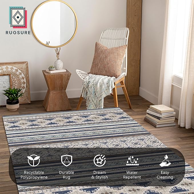 RUGSURE Washable Area Rugs 3' x 5 ' - 1/6 Thick - Moroccan-Inspired -Stain & Water Resistant Non-Slip - Resistant Rug for Living Room, Bedroom, Nursery, Pet & Child Friendly (Blue and Brown)