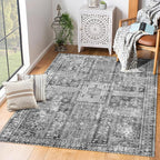 Vintage 9' x 12' Washable Area Rug - Stylish Indoor Rug for Living, Dining or Bedroom - Lightweight Carpet with Non-Slip Backing - Foldable for Easy Placement and Maintenance - Grey