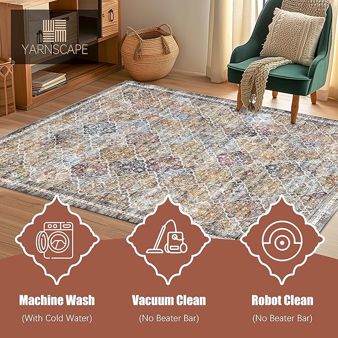 3' x 5 ' Washable Area Rug - Low Pile Soft Vintage Indoor Rug for Living, Dining or Bedroom - Lightweight Carpet with Non-Slip Backing - Foldable for Easy Placement, Multi