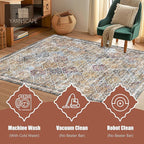 9' x 12' Washable Area Rug - Low Pile Soft Vintage Indoor Rug for Living, Dining or Bedroom - Lightweight Carpet with Non-Slip Backing - Foldable for Easy Placement, Multi