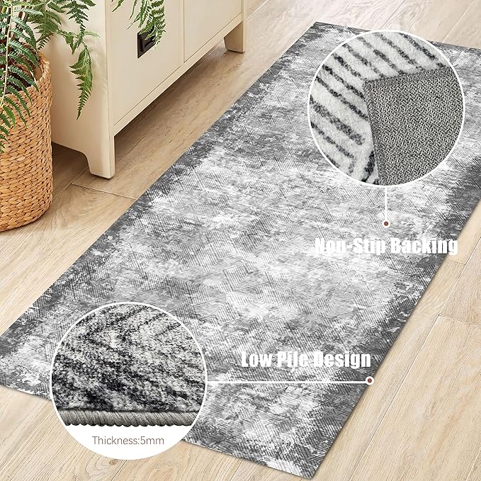 2'6'' x 8' Washable Area Rug - Low Pile Soft Vintage Indoor Rug for Living, Dining or Bedroom - Lightweight Carpet with Non-Slip Backing - Foldable for Easy Placement, Grey