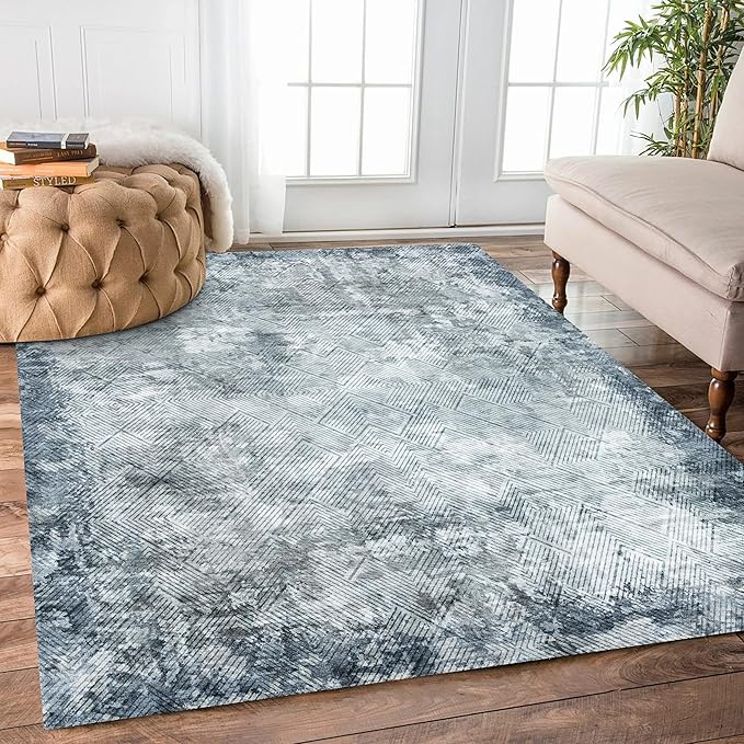 6' x 9' Washable Area Rug - Low Pile Soft Vintage Indoor Rug for Living, Dining or Bedroom - Lightweight Carpet with Non-Slip Backing - Foldable for Easy Placement, Blue