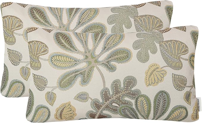 Mika Home Set of 2 Jacquard Tropical Leaf Pattern Oblong Throw Pillow Covers Accent Pillowcase 12X20 Inches,Green Cream