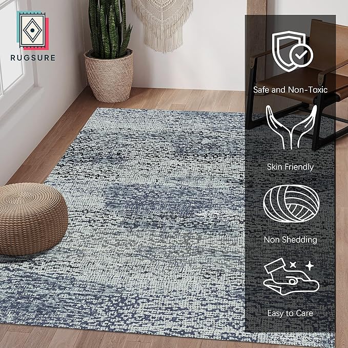 Washable Area Rug - 1/6" Thick Low-Pile - Stain & Water Resistant Non-Slip Backing - Pet & Child Friendly Vintage Speckled Design in Grey with Light Teal & White Accents (8' x 10')