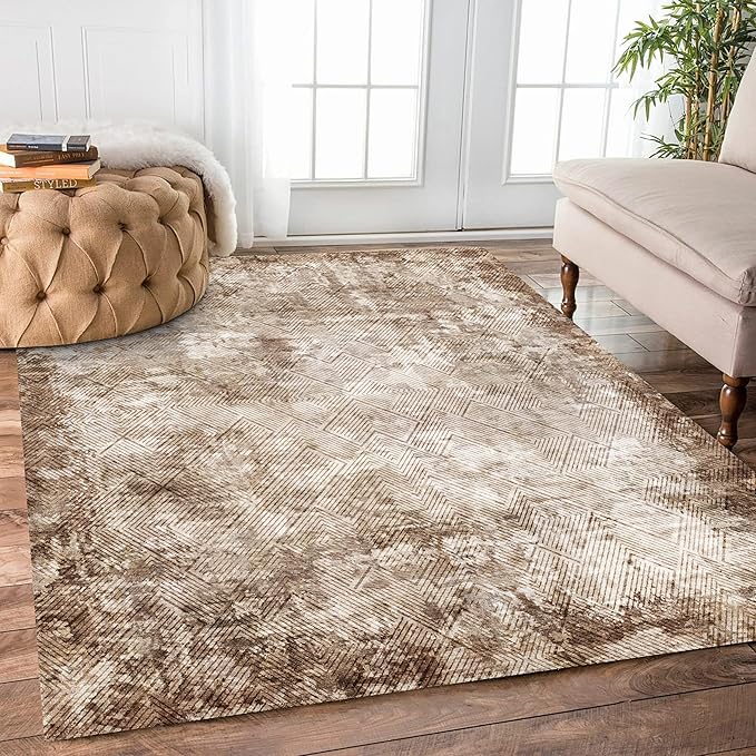 4' x 6' Washable Area Rug - Low Pile Soft Vintage Indoor Rug for Living, Dining or Bedroom - Lightweight Carpet with Non-Slip Backing - Foldable for Easy Placement, Brown