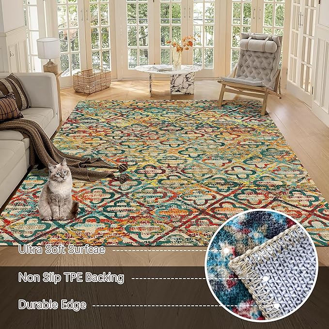 RUGSURE Washable Area Rugs, 6' x 9' - 1/6 Thick - Stain & Water Resistant Non-Slip - Perfect Resistant Rug for Living Room, Bedroom, Nursery, Pet & Child Friendly, Vibrant Colors Rugs, Multicolor