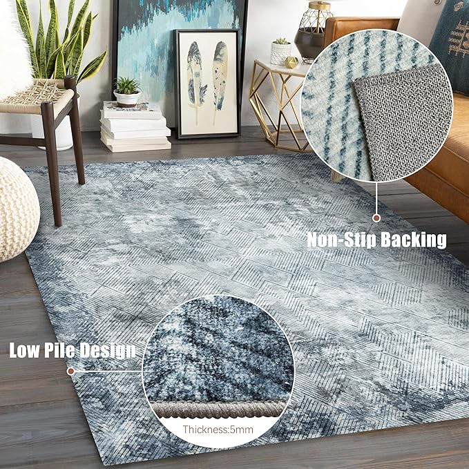 8' x 10' Washable Area Rug - Low Pile Soft Vintage Indoor Rug for Living, Dining or Bedroom - Lightweight Carpet with Non-Slip Backing - Foldable for Easy Placement, Blue