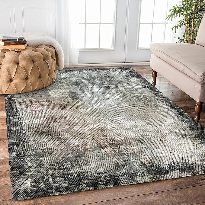 5' x 7' Washable Area Rug - Low Pile Soft Vintage Indoor Rug for Living, Dining or Bedroom - Lightweight Carpet with Non-Slip Backing - Foldable for Easy Placement, Blackish