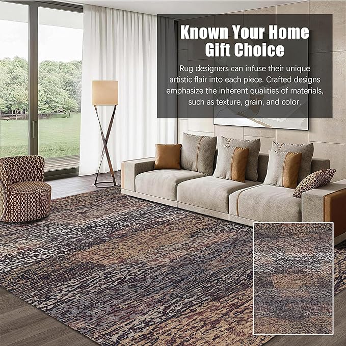 RUGSURE Washable Area Rug - 1/6" Thick Low Pile - Stain & Water Resistant Non-Slip Backing - Pet & Child Friendly Vintage Abstract Design in Multi-Tone Rust Brown, Blue & Beige (3' x 5')