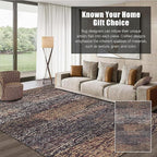 RUGSURE Washable Area Rug - 1/6" Thick Low Pile - Stain & Water Resistant Non-Slip Backing - Pet & Child Friendly Vintage Abstract Design in Multi-Tone Rust Brown, Blue & Beige (3' x 5')