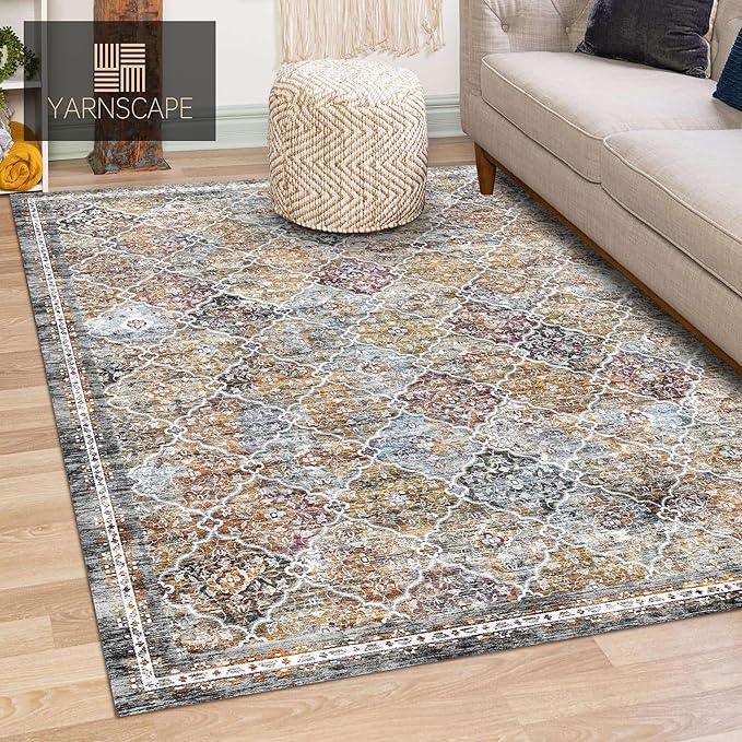 4' x 6' Washable Area Rug - Low Pile Soft Vintage Indoor Rug for Living, Dining or Bedroom - Lightweight Carpet with Non-Slip Backing - Foldable for Easy Placement, Multi
