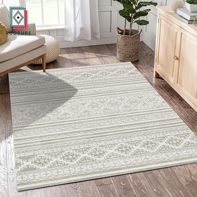 RUGSURE Washable Area Rugs 8' x 10' - 1/6 Thick - Moroccan-Inspired -Stain & Water Resistant Non-Slip - Resistant Rug for Living Room, Bedroom, Nursery, Pet & Child Friendly (Grey)
