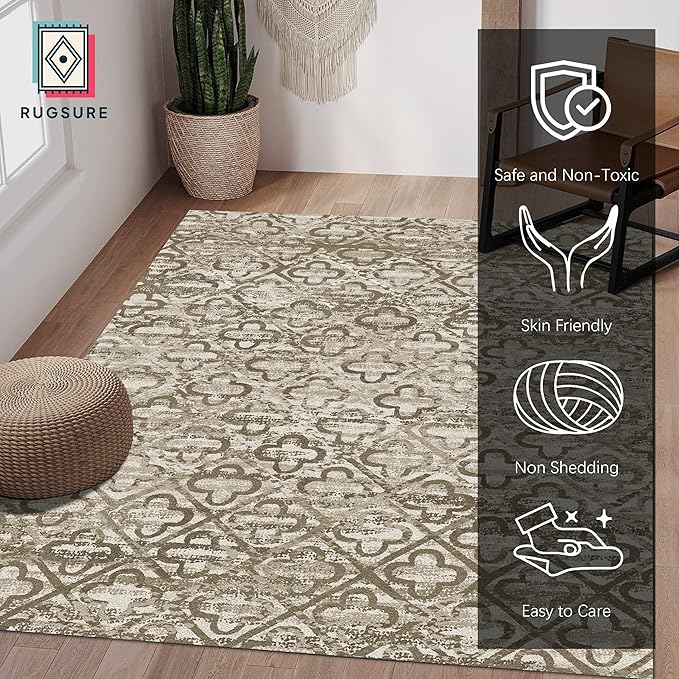 RUGSURE Washable Area Rugs, 3' x 5 ' - 1/6 Thick - Stain & Water Resistant Non-Slip - Perfect Resistant Rug for Living Room, Bedroom, Nursery, Pet & Child Friendly, Vibrant Colors Rugs, Brown