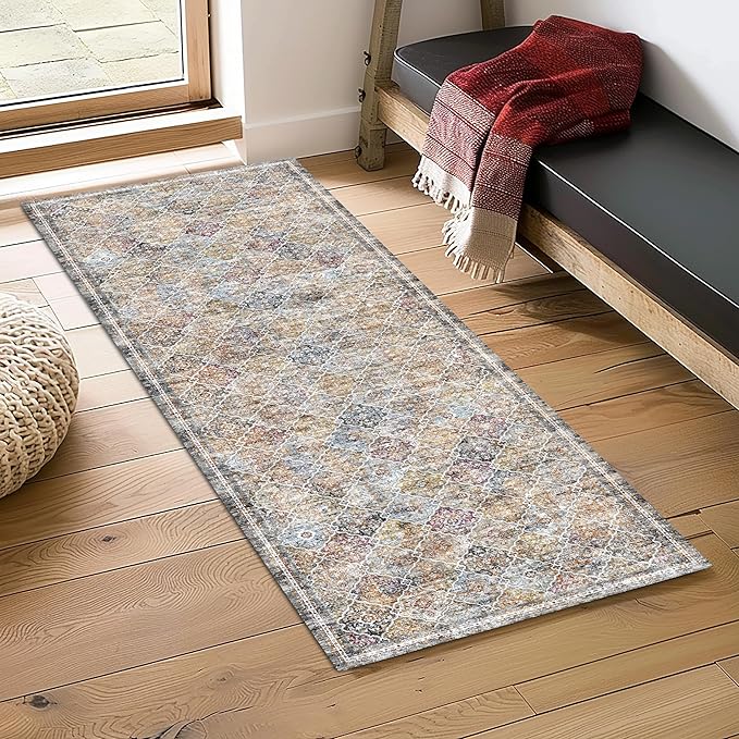 2'6'' x 8' Washable Area Rug - Low Pile Soft Vintage Indoor Rug for Living, Dining or Bedroom - Lightweight Carpet with Non-Slip Backing - Foldable for Easy Placement, Multi